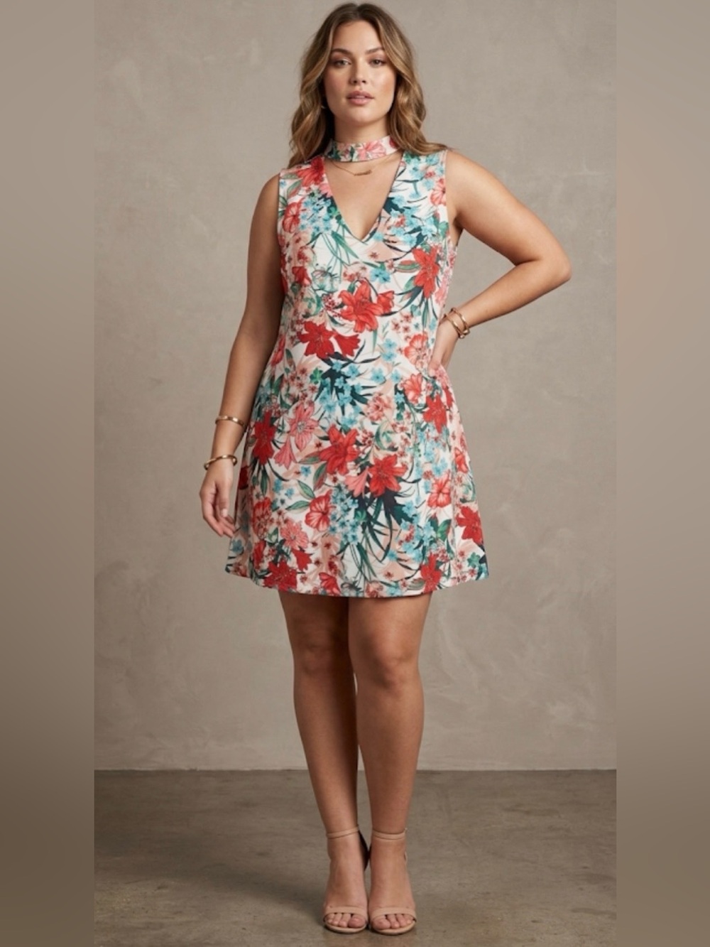XOXO coral green floral tropical choker shift mini dress cutout neck detail L